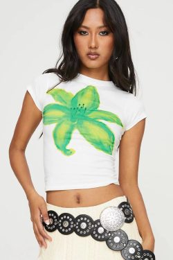 Floral Short-Sleeve Crop Top for Women - Y2K American Retro Style, Summer Slim Fit, Spicy Sweet Design