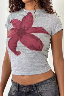 Floral Short-Sleeve Crop Top for Women - Y2K American Retro Style, Summer Slim Fit, Spicy Sweet Design