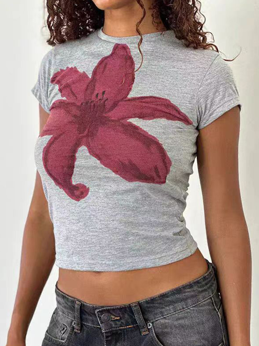 Floral Short-Sleeve Crop Top for Women - Y2K American Retro Style, Summer Slim Fit, Spicy Sweet Design Floral Short-Sleeve Crop Top for Women - Y2K American Retro Style, Summer Slim Fit, Spicy Sweet Design