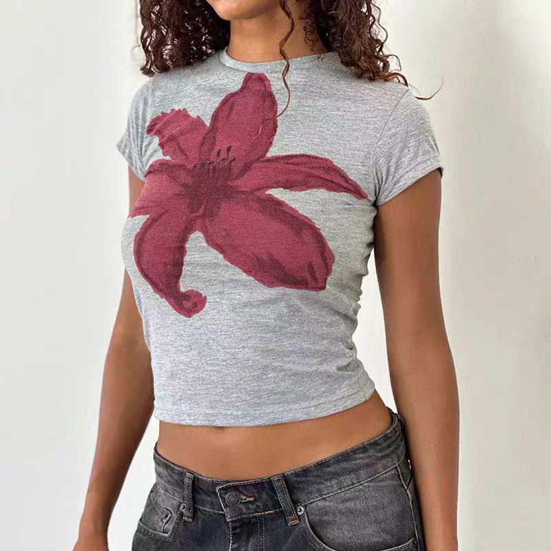 Floral Short-Sleeve Crop Top for Women - Y2K American Retro Style, Summer Slim Fit, Spicy Sweet Design Floral Short-Sleeve Crop Top for Women - Y2K American Retro Style, Summer Slim Fit, Spicy Sweet Design