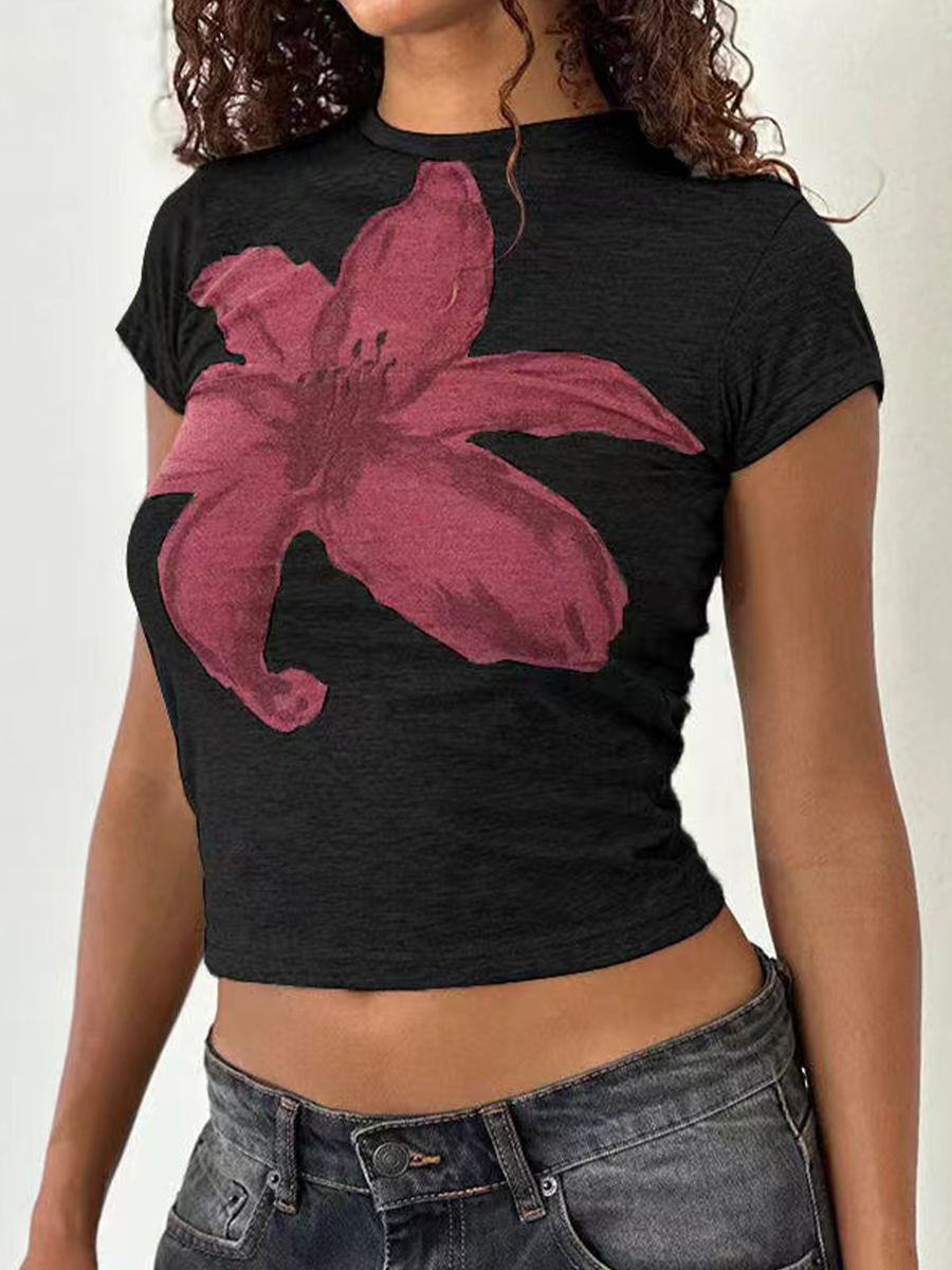 Floral Short-Sleeve Crop Top for Women - Y2K American Retro Style, Summer Slim Fit, Spicy Sweet Design Floral Short-Sleeve Crop Top for Women - Y2K American Retro Style, Summer Slim Fit, Spicy Sweet Design