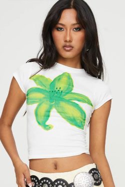 Floral Short-Sleeve Crop Top for Women - Y2K American Retro Style, Summer Slim Fit, Spicy Sweet Design