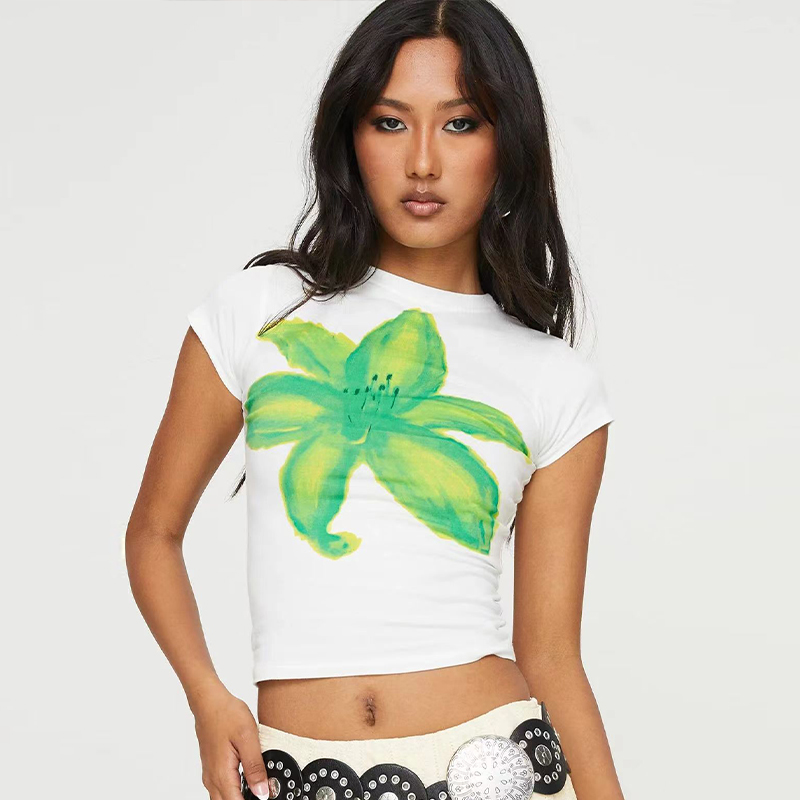 Floral Short-Sleeve Crop Top for Women - Y2K American Retro Style, Summer Slim Fit, Spicy Sweet Design Floral Short-Sleeve Crop Top for Women - Y2K American Retro Style, Summer Slim Fit, Spicy Sweet Design