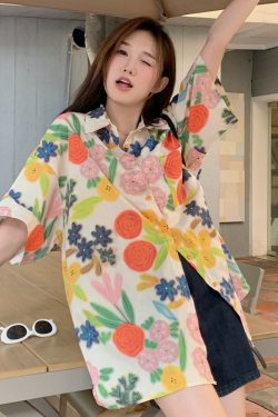 Floral Short-Sleeve Shirt for Girls, Hawaiian Vacation Beach Top, Retro Hong Kong Style Loose Fit, Summer Fashion Essential