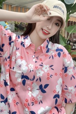 Floral Short Sleeve Shirt for Women - Loose Casual Hawaiian Beach Blouse in Ice Silk - Trendy Summer Top for Seaside Vacations