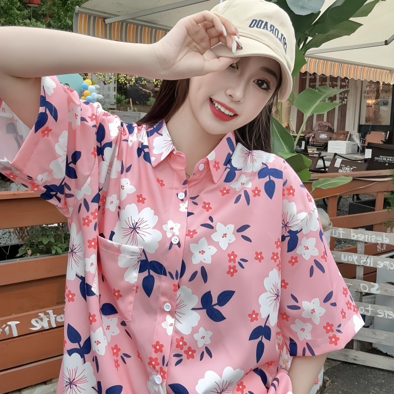 Floral Short Sleeve Shirt for Women - Loose Casual Hawaiian Beach Blouse in Ice Silk - Trendy Summer Top for Seaside Vacations Floral Short Sleeve Shirt for Women - Loose Casual Hawaiian Beach Blouse in Ice Silk - Trendy Summer Top for Seaside Vacations
