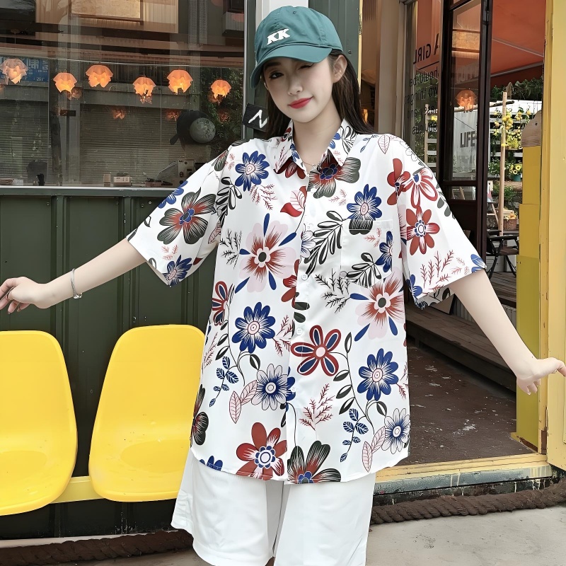 Floral Short Sleeve Shirt for Women - Loose Casual Hawaiian Beach Blouse in Ice Silk - Trendy Summer Top for Seaside Vacations Floral Short Sleeve Shirt for Women - Loose Casual Hawaiian Beach Blouse in Ice Silk - Trendy Summer Top for Seaside Vacations
