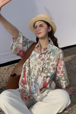 Floral Short-Sleeve Shirt for Women - Retro Hawaiian Style Loose Top for Beach Vacation, Y2K Inspired Fashion
