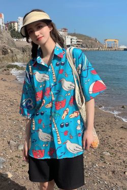 Floral Short-Sleeve Shirt for Women - Retro Hawaiian Style Loose Top for Beach Vacation, Y2K Inspired Fashion