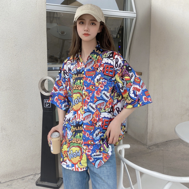 Floral Short-Sleeve Shirt for Women - Retro Hawaiian Style Loose Top for Beach Vacation, Y2K Inspired Fashion Floral Short-Sleeve Shirt for Women - Retro Hawaiian Style Loose Top for Beach Vacation, Y2K Inspired Fashion