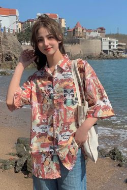 Floral Short-Sleeve Shirt for Women - Retro Hawaiian Style Loose Top for Beach Vacation, Y2K Inspired Fashion