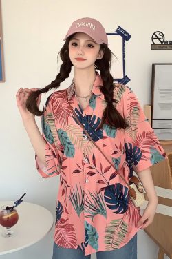 Floral Short-Sleeve Shirt for Women - Retro Hawaiian Style Loose Top for Beach Vacation, Y2K Inspired Fashion