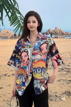 Floral Short-Sleeve Shirt for Women - Retro Hawaiian Style Loose Top for Beach Vacation, Y2K Inspired Fashion