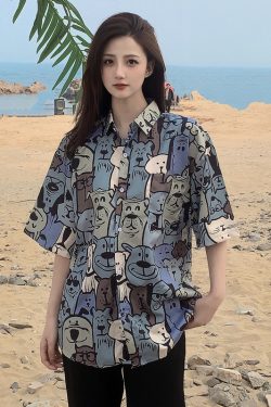 Floral Short-Sleeve Shirt for Women - Retro Hawaiian Style Loose Top for Beach Vacation, Y2K Inspired Fashion
