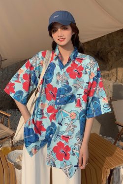 Floral Short-Sleeve Shirt for Women - Retro Hawaiian Style Loose Top for Beach Vacation, Y2K Inspired Fashion