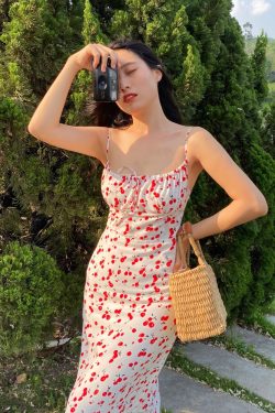 Floral Spaghetti Strap Dress, Waist-Cinched A-Line Midi Dress, French Print, 90s Inspired Summer Fashion