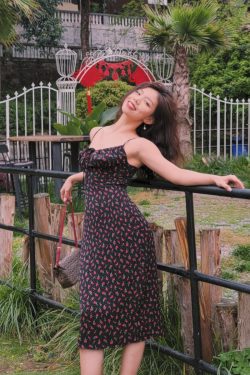 Floral Spaghetti Strap Dress, Waist-Cinched A-Line Midi Dress, French Print, 90s Inspired Summer Fashion