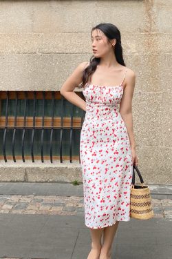 Floral Spaghetti Strap Dress, Waist-Cinched A-Line Midi Dress, French Print, 90s Inspired Summer Fashion