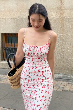 Floral Spaghetti Strap Dress, Waist-Cinched A-Line Midi Dress, French Print, 90s Inspired Summer Fashion