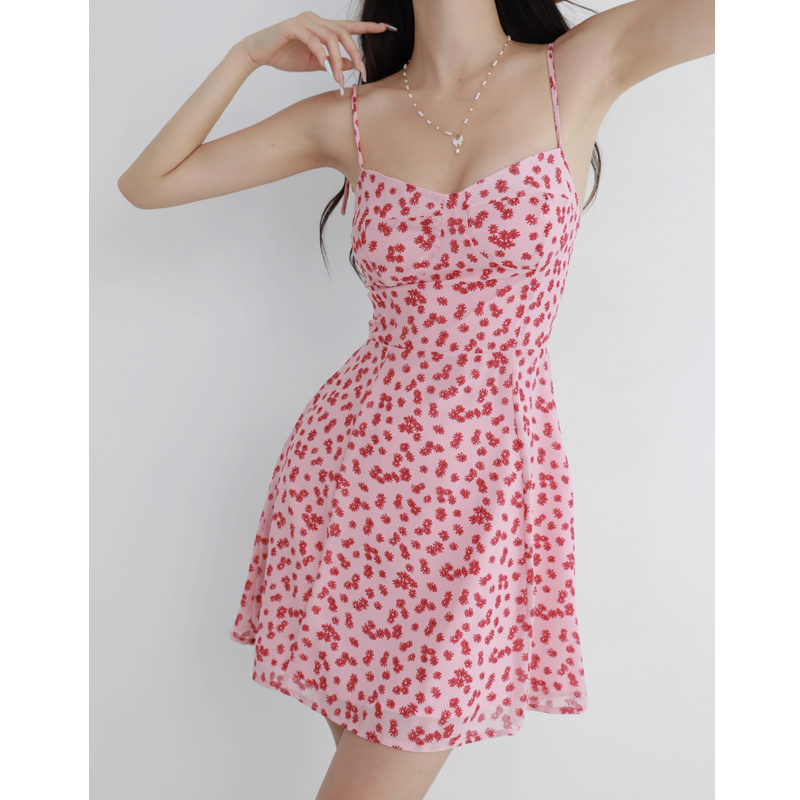 Floral V-Neck Pink Dress - French Style Slim-Fit with Waist-Cinching Wrap, Spaghetti Straps, Short Skirt for Fresh Girl Aesthetic Floral V-Neck Pink Dress - French Style Slim-Fit with Waist-Cinching Wrap, Spaghetti Straps, Short Skirt for Fresh Girl Aesthetic