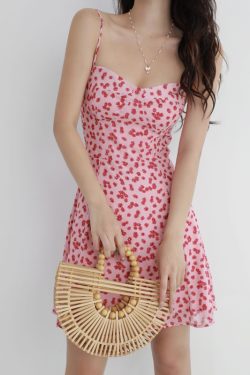 Floral V-Neck Pink Dress - French Style Slim-Fit with Waist-Cinching Wrap, Spaghetti Straps, Short Skirt for Fresh Girl Aesthetic