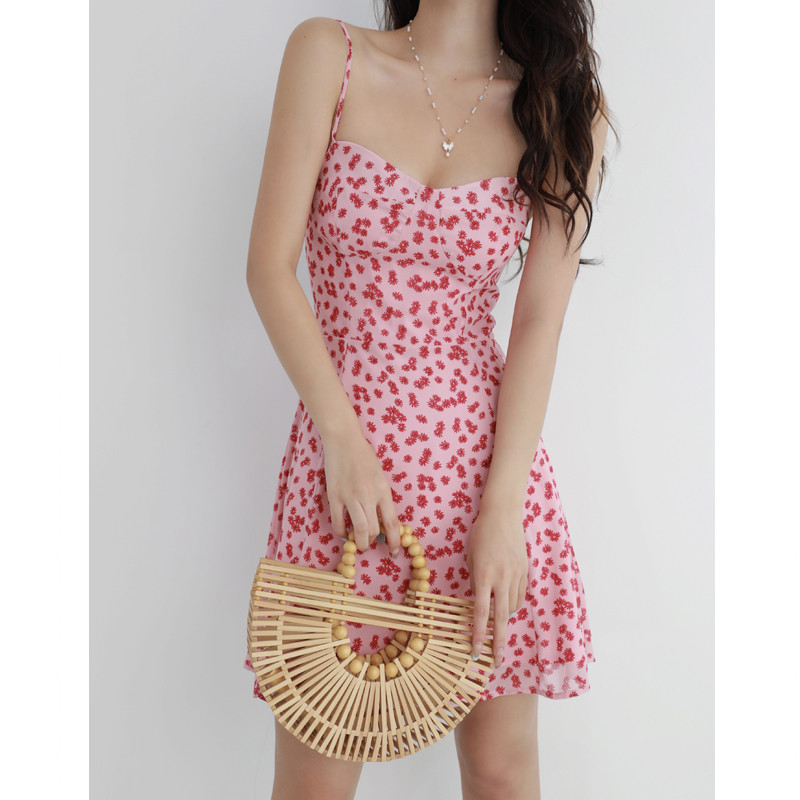 Floral V-Neck Pink Dress - French Style Slim-Fit with Waist-Cinching Wrap, Spaghetti Straps, Short Skirt for Fresh Girl Aesthetic Floral V-Neck Pink Dress - French Style Slim-Fit with Waist-Cinching Wrap, Spaghetti Straps, Short Skirt for Fresh Girl Aesthetic
