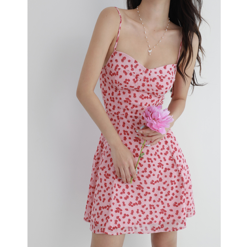 Floral V-Neck Pink Dress - French Style Slim-Fit with Waist-Cinching Wrap, Spaghetti Straps, Short Skirt for Fresh Girl Aesthetic Floral V-Neck Pink Dress - French Style Slim-Fit with Waist-Cinching Wrap, Spaghetti Straps, Short Skirt for Fresh Girl Aesthetic