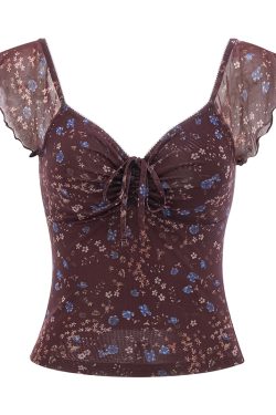 Floral V-Neck Short Sleeve T-Shirt for Women - Front Pleated Slim Fit Top in European American Style, Y2K Inspired Fashion