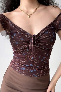 Floral V-Neck Short Sleeve T-Shirt for Women - Front Pleated Slim Fit Top in European American Style, Y2K Inspired Fashion