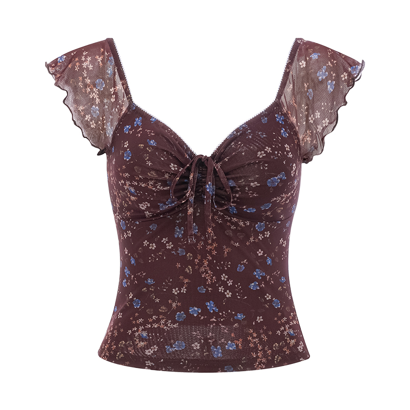 Floral V-Neck Short Sleeve T-Shirt for Women, Front Pleated, Slim Fit, European American Style, Trendy Y2K Fashion Top Floral V-Neck Short Sleeve T-Shirt for Women, Front Pleated, Slim Fit, European American Style, Trendy Y2K Fashion Top