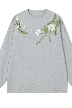 Floral Wreath Embroidered Long Sleeve T-Shirt - Chinese Style Plant Series, Silhouette Design, Perfect for 90s and Y2K Fashion