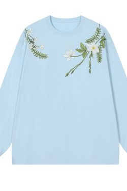 Floral Wreath Embroidered Long Sleeve T-Shirt - Chinese Style Plant Series, Silhouette Design, Perfect for 90s and Y2K Fashion