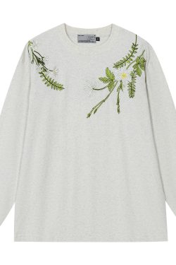 Floral Wreath Embroidered Long Sleeve T-Shirt - Chinese Style Plant Series, Silhouette Design, Perfect for 90s and Y2K Fashion