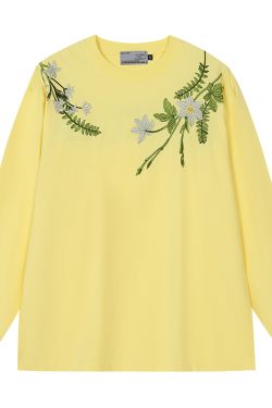 Floral Wreath Embroidered Long Sleeve T-Shirt - Chinese Style Plant Series, Silhouette Design, Perfect for 90s and Y2K Fashion