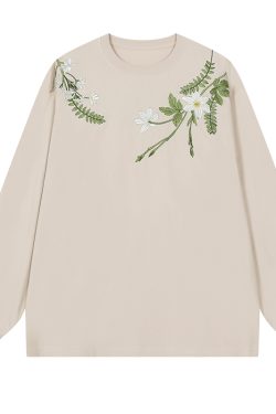 Floral Wreath Embroidered Long Sleeve T-Shirt - Chinese Style Plant Series, Silhouette Design, Perfect for 90s and Y2K Fashion