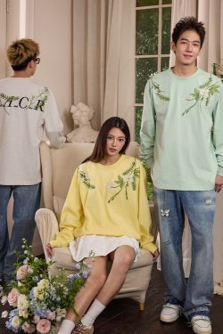 Floral Wreath Embroidered Long Sleeve T-Shirt - Chinese Style Plant Series, Silhouette Design, Perfect for 90s and Y2K Fashion