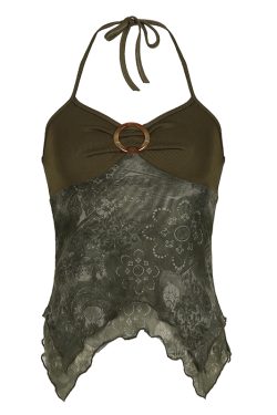 Forest Element Round Ring Buckle Neck Spliced Camisole Women's Ruffled Backless Slim Top - Y2K Chic Fashion