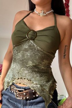 Forest Element Round Ring Buckle Neck Spliced Camisole Women's Ruffled Backless Slim Top - Y2K Chic Fashion