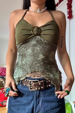 Forest Element Round Ring Buckle Neck Spliced Camisole Women's Ruffled Backless Slim Top - Y2K Chic Fashion