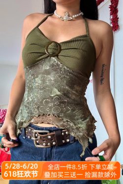 Forest Element Round Ring Buckle Neck Spliced Camisole Women's Ruffled Backless Slim Top - Y2K Chic Fashion