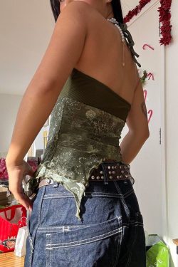 Forest Element Round Ring Buckle Neck Spliced Camisole Women's Ruffled Backless Slim Top - Y2K Chic Fashion