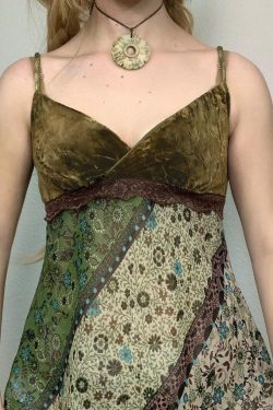 Forest Style Folk Floral Patchwork Spaghetti Strap Women's Asymmetrical Mid-Length Ethnic Vest - Boho Chic 90s Inspired Fashion