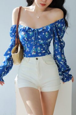 French Blue Floral Square Neck One-Shoulder Puff Sleeve Shirt for Women with Waist-Cinching Design, Long Sleeve Y2K Vacation Top