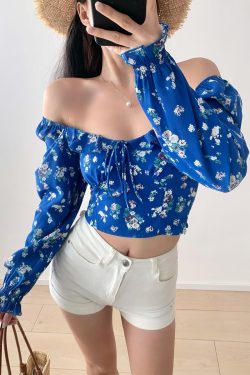 French Blue Floral Square Neck One-Shoulder Puff Sleeve Shirt for Women with Waist-Cinching Design, Long Sleeve Y2K Vacation Top
