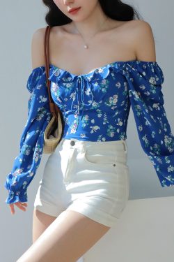 French Blue Floral Square Neck One-Shoulder Puff Sleeve Shirt for Women with Waist-Cinching Design, Long Sleeve Y2K Vacation Top