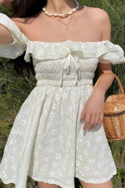 French Bubble Sleeve Off-Shoulder Ruffle Daisy Embroidered Dress with Pleated Skirt - Y2K Fashion, Cute Summer Style
