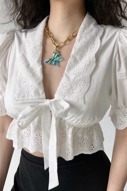 French Court Style Puff Sleeve Embroidered Tie White Shirt - Women's Short Top for Y2K and 90s Inspired Fashion
