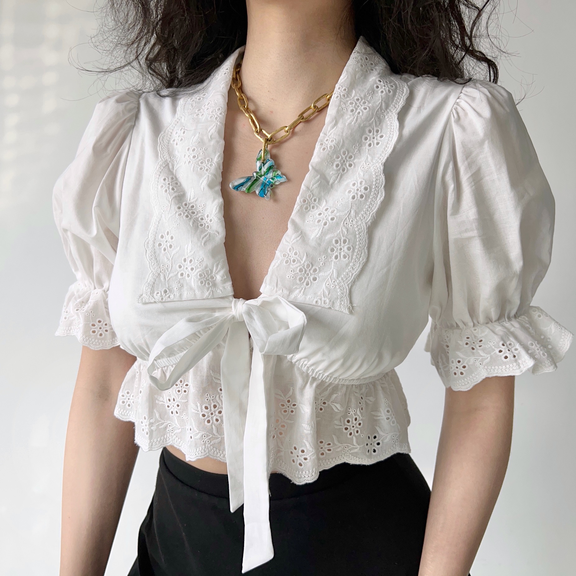 French Court Style Puff Sleeve Embroidered Tie White Shirt - Women's Short Top for Y2K and 90s Inspired Fashion French Court Style Puff Sleeve Embroidered Tie White Shirt - Women's Short Top for Y2K and 90s Inspired Fashion