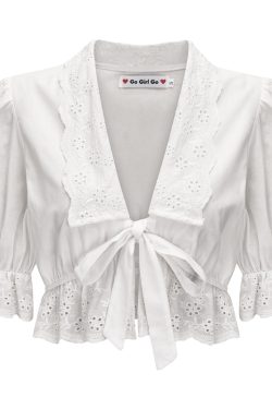 French Court Style Puff Sleeve Embroidered Tie White Shirt - Women's Short Top for Y2K and 90s Inspired Fashion