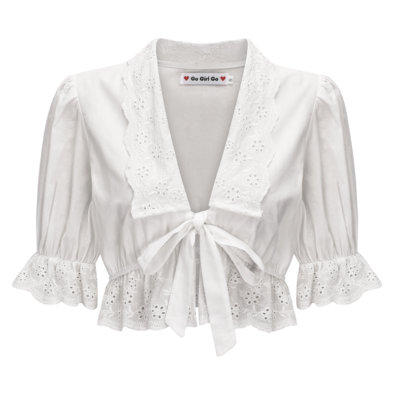 French Court Style Puff Sleeve Embroidered Tie White Shirt - Women's Short Top for Y2K and 90s Inspired Fashion French Court Style Puff Sleeve Embroidered Tie White Shirt - Women's Short Top for Y2K and 90s Inspired Fashion